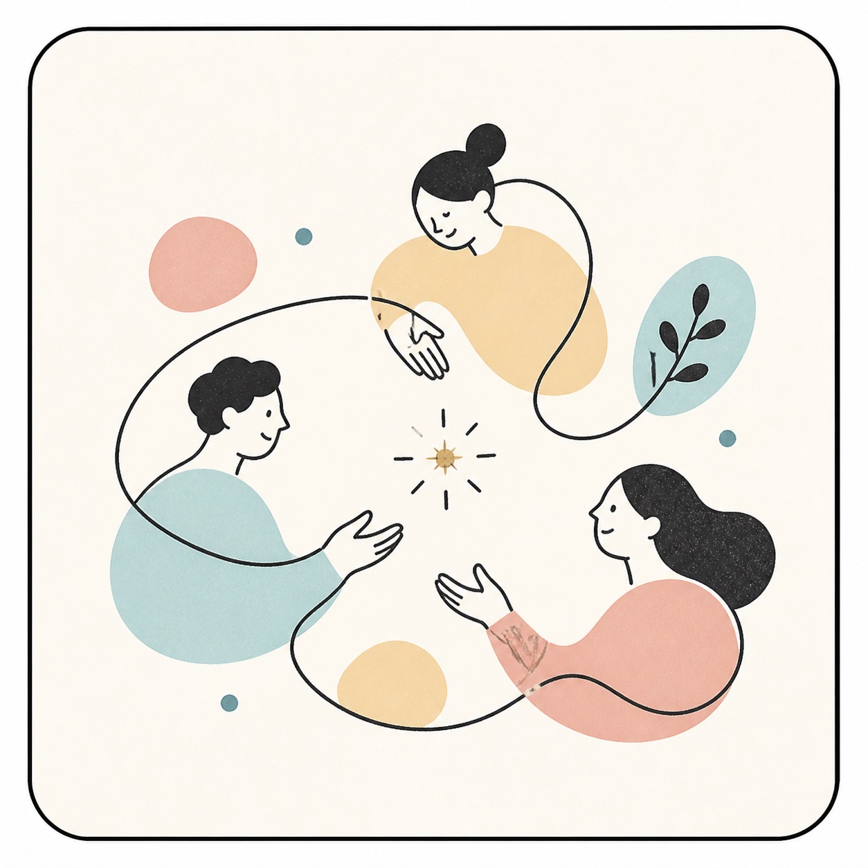 3人が一本の線と小さな光を囲み、考える・つくる・つながる循環を表すイラスト