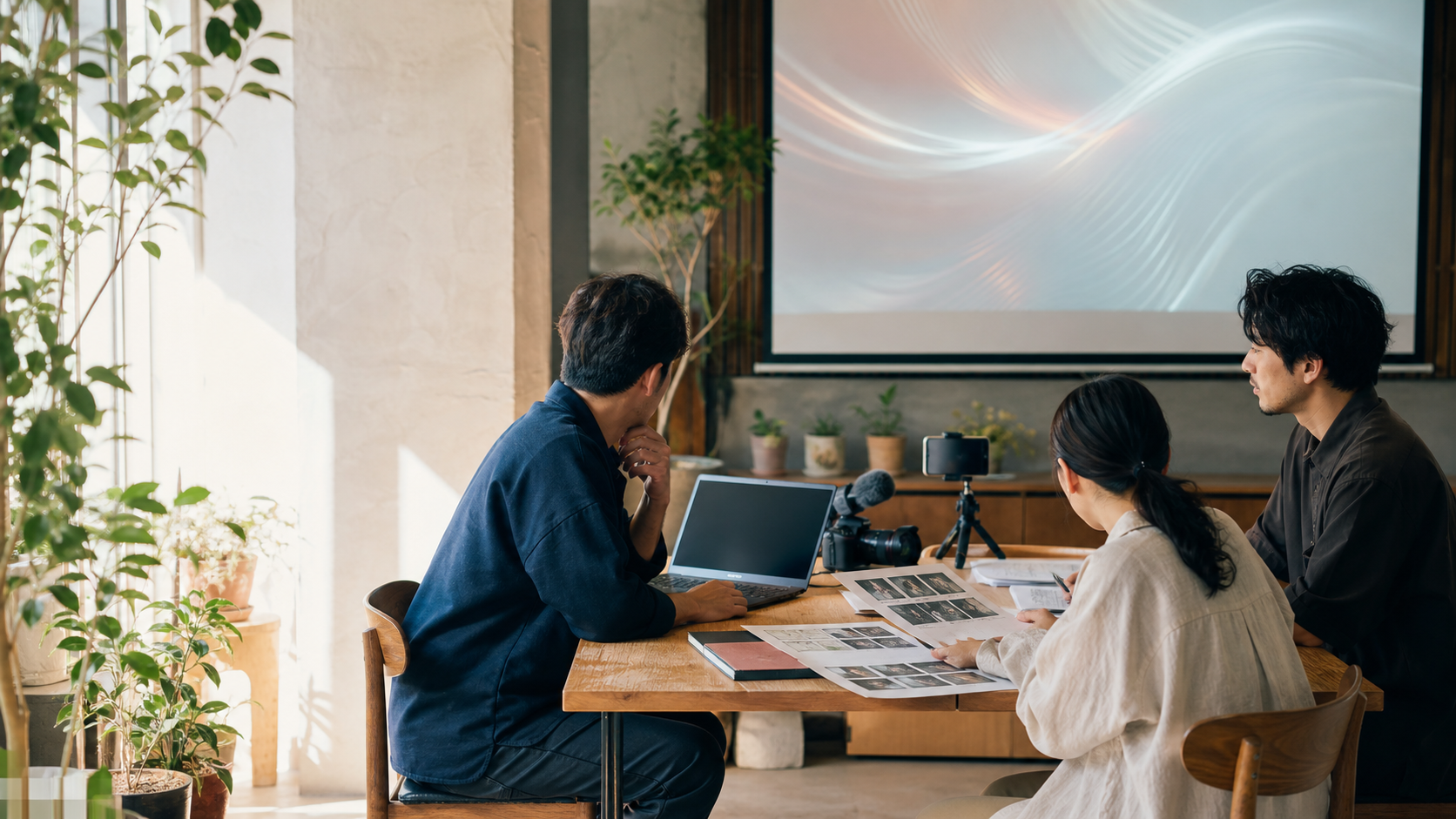 木のテーブルを囲み、映像制作とAI活用を考えるチーム