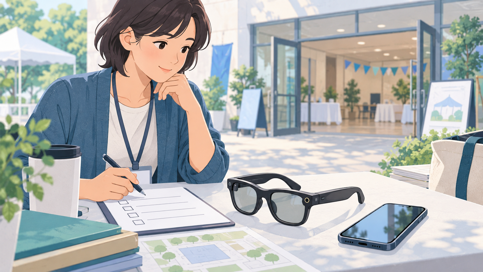 地域の催し会場前で、スマートグラスとスマートフォン、確認用紙を見ながら利用を検討する人物のイラスト